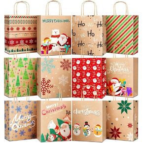 TranquilBliss 12 Unique Designs Christmas Gift Bags, Made with Premium Kraft Paper Holiday Gift Bags, Durable Handle & Non-Breaking Bottom Xmas Gift Bags Bulk, Ideal for Birthday, Holiday Party(24 PCS) in Kuwait