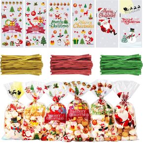 OWill 120 Pcs Christmas Treat Bags,Christmas Candy Bags with Colorful Twist Ties, Cellophane Goodie Bags for Sweets Party Christmas and Festivals -10.6 * 5.1 inch
