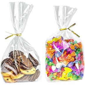 PigPotParty 8"x 11", 50Pcs Bottom Gusset Bags, Clear Cello Cellophane Treat Goodie Bags with 50x Twist Ties, Party Favor Packaging, Gift Mug Wrapping, Food Storage(No Side Gusset)
