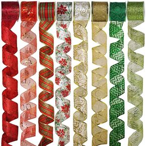 8 Rolls 48 Yards Assorted Christmas Tree Ribbon Plaid Bow Wired Ribbon Craft Gift Wrapping Ribbon Holiday Poinsettia Floral Mesh Sheer Glitter Tulle Organza Ribbon 2.5" Wide for Xmas Wreath Garland in Kuwait