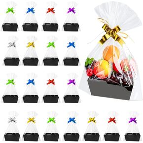 Fainne 74 Pcs Basket for Gifts Empty, Gift Basket Bulk Include 20 Gift Basket Empty with Handles 30 Plastic Bags and 24 Multicolor Bows for Party Favors Christmas Thanksgiving Wedding Birthday(Brown)