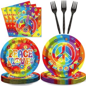 96 PCS 60’s Party Hippie Tableware Set Groovy Hippie Plates Napkins 60s Hippie Themed Party Decorations Peace Love Tie Dye Style Disposable Paper Tableware Birthday Party Suplies Favor For 24 Guests