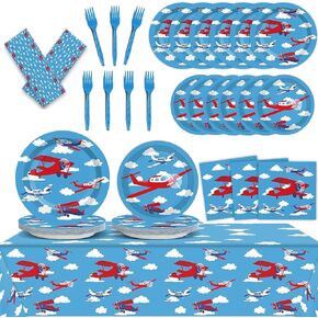 98 pieces Airplane Party Supplies Tableware Kit for 24 Guests Helicopter Birthday Party Paper Plates Napkins Decorations Favors with Tablecloth and More for Kids