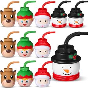 Sliner Christmas Plastic Cups Gift 10 oz Christmas Plastic Cups Cute Santa Claus Elk Snowman Elf Christmas Holiday Cups with Straws Lids for Winter Xmas Gifts Birthday Supplies(12 Pack)