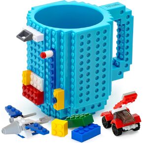 Build-on Brick Mug BPA-Free Funny Coffee Mug with 3 Packs of Building Blocks Compatible with Major Brands, Funny Cups for Kids 16OZ (Baby Blue)