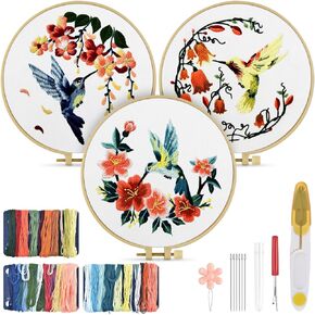 TINDTOP 3 Sets Embroidery Kit for Adult for Beginners, Hummingbird and Flower Embroidery Kit for Beginners Include Embroidery Cloth Hoops Threads for Craft Lover with Embroidery Skill Techniques