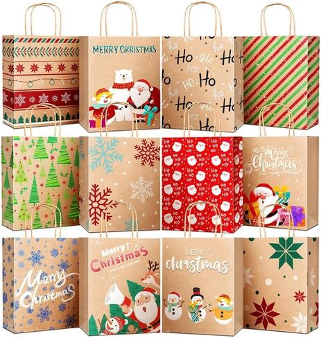 TranquilBliss 12 Unique Designs Christmas Gift Bags, Made with Premium Kraft Paper Holiday Gift Bags, Durable Handle & Non-Breaking Bottom Xmas Gift Bags Bulk, Ideal for Birthday, Holiday Party(24 PCS) in Kuwait