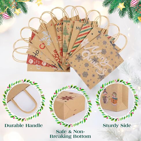TranquilBliss 12 Unique Designs Christmas Gift Bags, Made with Premium Kraft Paper Holiday Gift Bags, Durable Handle & Non-Breaking Bottom Xmas Gift Bags Bulk, Ideal for Birthday, Holiday Party(24 PCS) in Kuwait