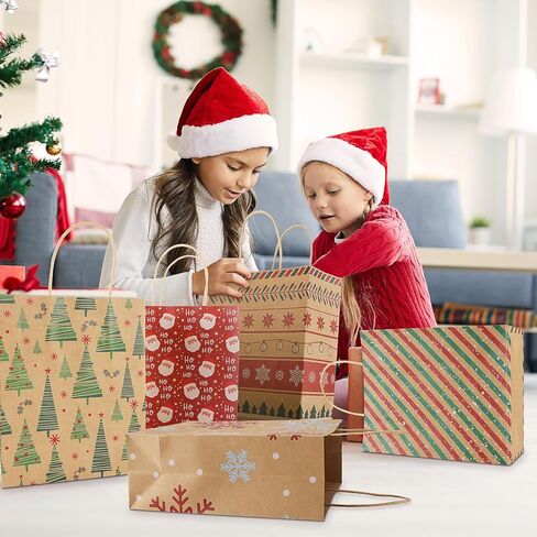 TranquilBliss 12 Unique Designs Christmas Gift Bags, Made with Premium Kraft Paper Holiday Gift Bags, Durable Handle & Non-Breaking Bottom Xmas Gift Bags Bulk, Ideal for Birthday, Holiday Party(24 PCS) in Kuwait