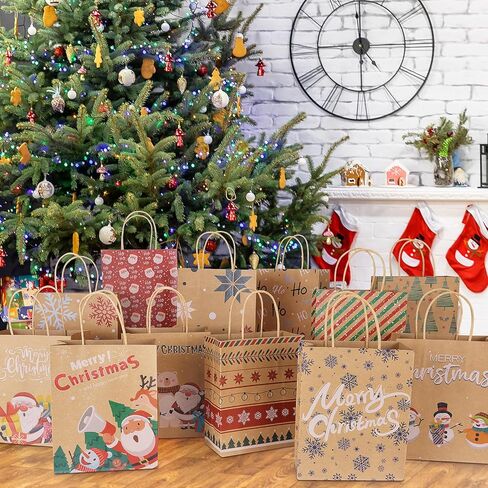 TranquilBliss 12 Unique Designs Christmas Gift Bags, Made with Premium Kraft Paper Holiday Gift Bags, Durable Handle & Non-Breaking Bottom Xmas Gift Bags Bulk, Ideal for Birthday, Holiday Party(24 PCS) in Kuwait