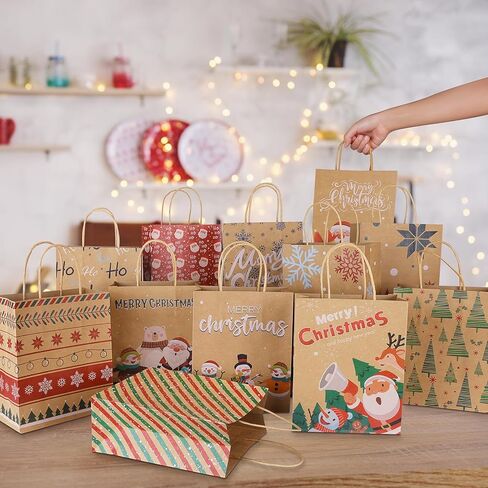TranquilBliss 12 Unique Designs Christmas Gift Bags, Made with Premium Kraft Paper Holiday Gift Bags, Durable Handle & Non-Breaking Bottom Xmas Gift Bags Bulk, Ideal for Birthday, Holiday Party(24 PCS) in Kuwait