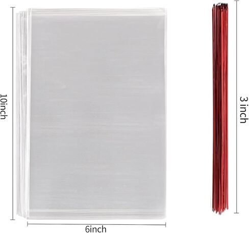 MoloTAR 100 Pcs 10 in x 6 in(1.4mil.) Clear Flat Cello Cellophane Treat Bags Good for Bakery, Cookies, Candies,Dessert with 5 random Twist Ties! in Kuwait