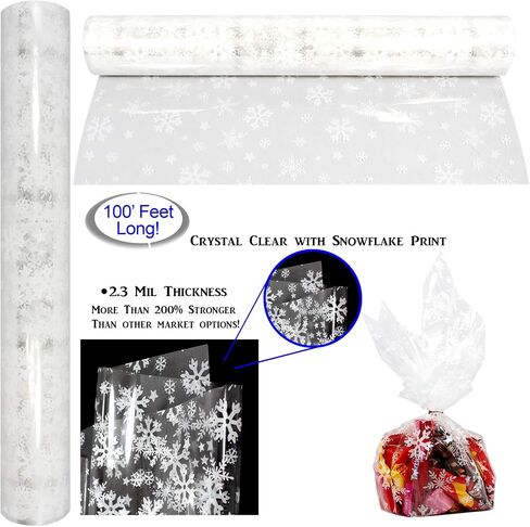 AnapoliZ Christmas Cellophane Wrap Roll | 100’ Ft. Long X 16" in. Wide | 2.3 Mil Thick, Crystal Clear with Christmas Designs| Gifts, Baskets, Treats, Cello Wrapping Paper | Santa, Snowman Cello Roll in Kuwait
