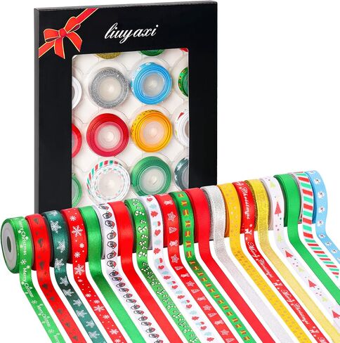 LIUYAXI 100 ياردة 20 لفة شرائط عيد الميلاد مطبوعة Grosgrain الشريط المعدني بريق عطلة مهرجان مزدوجة الوجه شرائط الساتان 3/8 "واسعة لتغليف الهدايا الحرف زينة عيد الميلاد in Kuwait