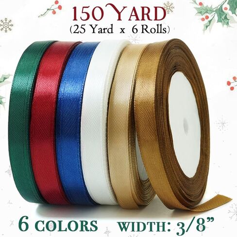 جاك كلوي شريط عيد الميلاد 150 ياردة لتغليف الهدايا، 3/8 "عرض عطلة الشريط الساتان للحرف اليدوية، نسيج عيد الميلاد التفاف الشريط لتزيين الحلي إكليل هدية مشروع DIY in Kuwait