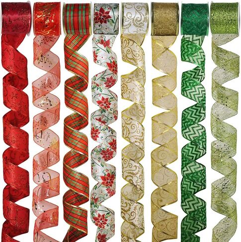 8 Rolls 48 Yards Assorted Christmas Tree Ribbon Plaid Bow Wired Ribbon Craft Gift Wrapping Ribbon Holiday Poinsettia Floral Mesh Sheer Glitter Tulle Organza Ribbon 2.5" Wide for Xmas Wreath Garland in Saudi Arabia