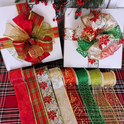 8 Rolls 48 Yards Assorted Christmas Tree Ribbon Plaid Bow Wired Ribbon Craft Gift Wrapping Ribbon Holiday Poinsettia Floral Mesh Sheer Glitter Tulle Organza Ribbon 2.5" Wide for Xmas Wreath Garland in Saudi Arabia