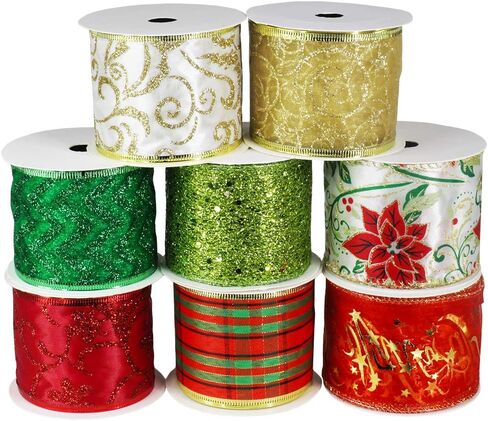8 Rolls 48 Yards Assorted Christmas Tree Ribbon Plaid Bow Wired Ribbon Craft Gift Wrapping Ribbon Holiday Poinsettia Floral Mesh Sheer Glitter Tulle Organza Ribbon 2.5" Wide for Xmas Wreath Garland in Saudi Arabia