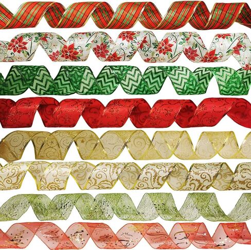 8 Rolls 48 Yards Assorted Christmas Tree Ribbon Plaid Bow Wired Ribbon Craft Gift Wrapping Ribbon Holiday Poinsettia Floral Mesh Sheer Glitter Tulle Organza Ribbon 2.5" Wide for Xmas Wreath Garland in Saudi Arabia