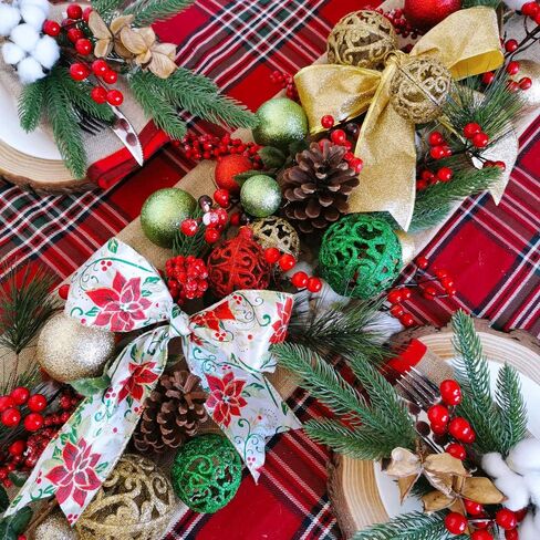 8 Rolls 48 Yards Assorted Christmas Tree Ribbon Plaid Bow Wired Ribbon Craft Gift Wrapping Ribbon Holiday Poinsettia Floral Mesh Sheer Glitter Tulle Organza Ribbon 2.5" Wide for Xmas Wreath Garland in Saudi Arabia