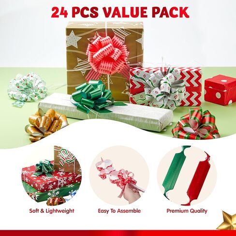 24 قطعة من أقواس سحب شريط تغليف هدايا عيد الميلاد من JOYIN (عرض 5 بوصات)؛ ملحق تغليف هدايا سهل وسريع لهدايا عيد الميلاد، والأقواس، والسلال، وتزيين زجاجات النبيذ، وتغليف الهدايا والديكور. in Kuwait