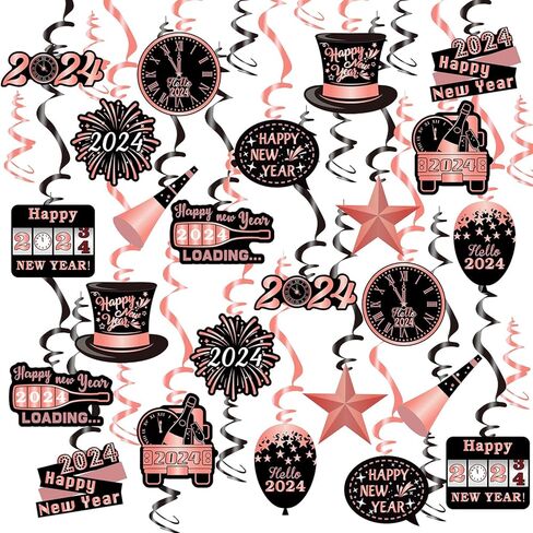 Rose Gold New Year Swirls (36Pcs Fully Assembled) 36pcs Happy New Year Hanging Swirls Set, Pink 2024 Party Decoration Countdown Streamers for New Year Eve, Perfect New Year Party Supplies in Kuwait