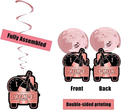 Rose Gold New Year Swirls (36Pcs Fully Assembled) 36pcs Happy New Year Hanging Swirls Set, Pink 2024 Party Decoration Countdown Streamers for New Year Eve, Perfect New Year Party Supplies in Kuwait