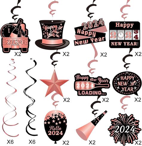 Rose Gold New Year Swirls (36Pcs Fully Assembled) 36pcs Happy New Year Hanging Swirls Set, Pink 2024 Party Decoration Countdown Streamers for New Year Eve, Perfect New Year Party Supplies in Kuwait