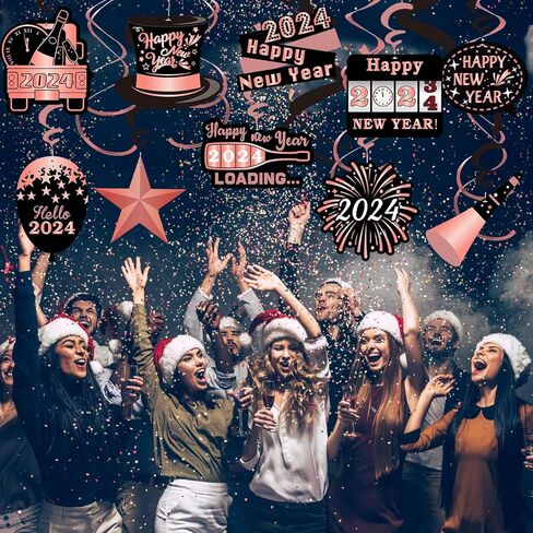 Rose Gold New Year Swirls (36Pcs Fully Assembled) 36pcs Happy New Year Hanging Swirls Set, Pink 2024 Party Decoration Countdown Streamers for New Year Eve, Perfect New Year Party Supplies in Kuwait