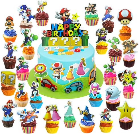 غلاف كعكة سوبر بروس، 31 قطعة لتزيين كعكة عيد الميلاد من سوبر بروس، أغطية كب كيك لعبة فيديو للأولاد والبنات، لوازم حفلات أعياد الميلاد من سوبر بروس in Kuwait