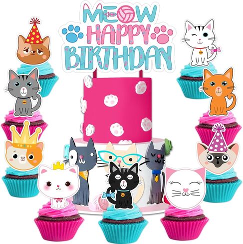 25PCS Cute Cat Cats Themed Birthday Cake Topper Cupcake Toppers Party Supplies Decorations Favors Decor Gifts for Girls Boys Kids Teen Games Baby Shower School Rewards Carnival Wedding Theme Halloween in Saudi Arabia