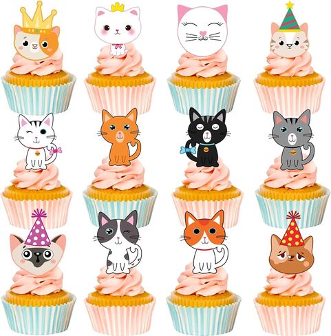 25PCS Cute Cat Cats Themed Birthday Cake Topper Cupcake Toppers Party Supplies Decorations Favors Decor Gifts for Girls Boys Kids Teen Games Baby Shower School Rewards Carnival Wedding Theme Halloween in Saudi Arabia