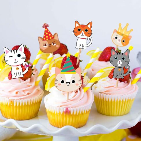 25PCS Cute Cat Cats Themed Birthday Cake Topper Cupcake Toppers Party Supplies Decorations Favors Decor Gifts for Girls Boys Kids Teen Games Baby Shower School Rewards Carnival Wedding Theme Halloween in Saudi Arabia
