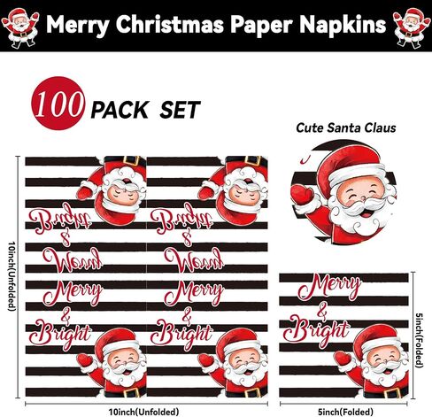 50PCS Merry Christmas Paper Napkins Cute Santa Claus Pattern Napkins Supplies Stripes Merry Bright Napkins Supplies Xmas Theme Party Paper Napkins for Winter Holiday Dinner Wedding Party Favors in Kuwait