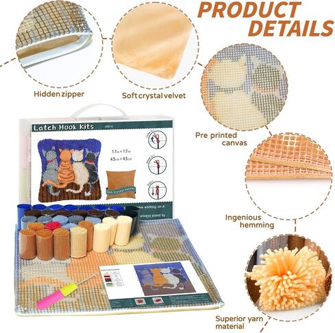 Msoesticc.dl أطقم خطاف مزلاج لغطاء وسادة رمي DIY، غطاء وسادة أريكة بنمط قطة لطيف، أطقم خطاف مزلاج مع قماش مطبوع للمبتدئين والأطفال البالغين - 17 × 17 بوصة (أزرق) in Saudi Arabia