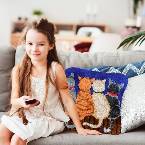 Msoesticc.dl أطقم خطاف مزلاج لغطاء وسادة رمي DIY، غطاء وسادة أريكة بنمط قطة لطيف، أطقم خطاف مزلاج مع قماش مطبوع للمبتدئين والأطفال البالغين - 17 × 17 بوصة (أزرق) in Saudi Arabia