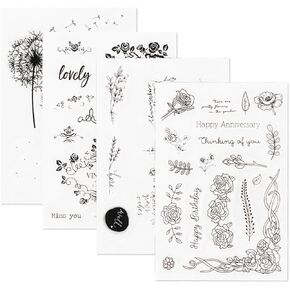 4 Sheets Floral Clear Stamps, Silicone Stamps for Card Making Supplies, Bullet Journal Reusable Stamps for Thanksgiving Christmas Holiday Card and DIY Scrapbooking Journal(Transparent)