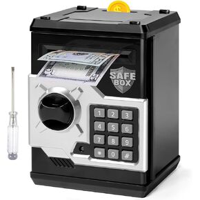 ATM Piggy Bank for Boys Girls, Vcertcpl Mini ATM Coin Bank Money Saving Box with Password, Kids Safe Money Jar for Adults with Auto Grab Bill Slot, Great Gift Toy Bank for Kids (Black+Silver)