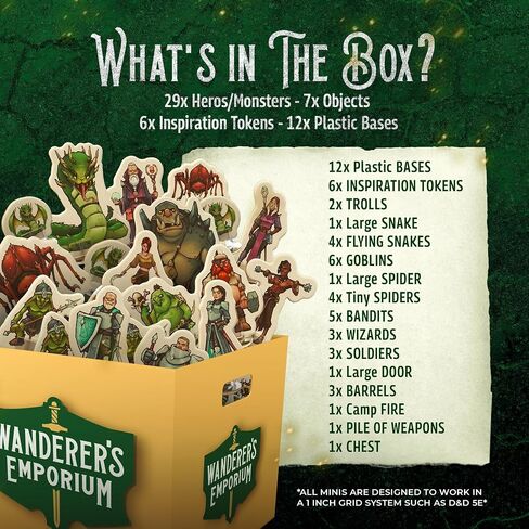 واندررز إمبوريوم 36x منمنمات DND مسطحة صلبة + 12x قاعدة | مجموعة Dungeons and Dragons Starter Set 5e Heroes & Monsters Mini Figures in Kuwait