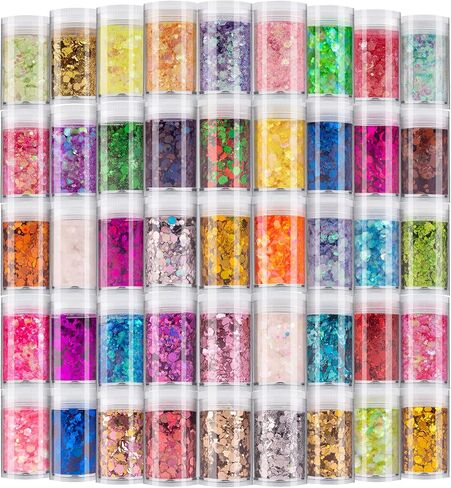 Holographic Chunky and Fine Glitter Mix, 45 Colors Festival Sequins & Powder, Iridescent Flakes, Cosmetic Face Body Eye Hair Nail Art Resin Tumbler Loose Glitter in Saudi Arabia
