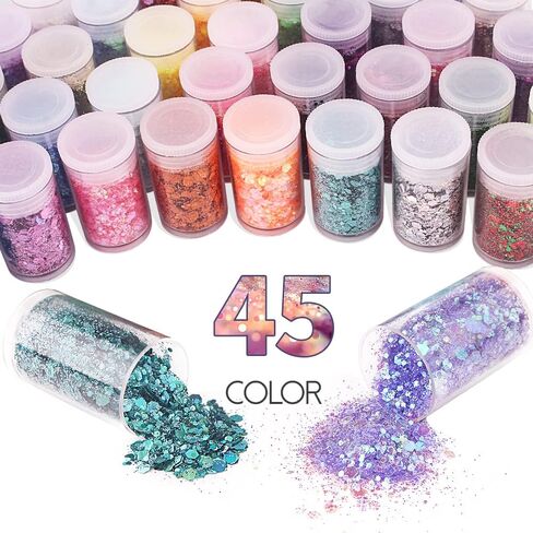 Holographic Chunky and Fine Glitter Mix, 45 Colors Festival Sequins & Powder, Iridescent Flakes, Cosmetic Face Body Eye Hair Nail Art Resin Tumbler Loose Glitter in Saudi Arabia