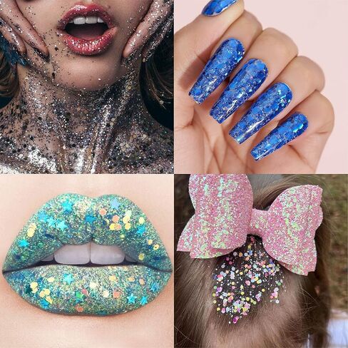 Holographic Chunky and Fine Glitter Mix, 45 Colors Festival Sequins & Powder, Iridescent Flakes, Cosmetic Face Body Eye Hair Nail Art Resin Tumbler Loose Glitter in Saudi Arabia