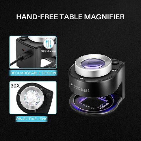 VIVOSUN 30X Rechargeable Loupe Magnifier with White LED Light and UV Light, Portable Magnifying Glass with Optical Glass Lens & Scale for Jewelry, Textile, Gems, Stamps, Coins and Plants in Kuwait