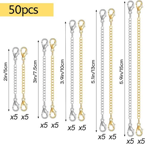winee 30pcs Chain Extenders for Necklace, Necklace Extenders for Women Girls Bracelet Anklet Extender Stainless Steel Chain Extenders for Jewelry Making 2in 3in 4in 5in 6in (15 Gold, 15 Silver) in Saudi Arabia