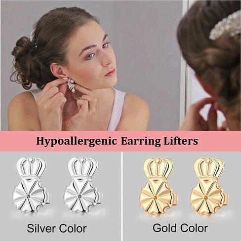 3 Pairs Earring Lifters,8MM Hypoallergenic Earring Backs for Droopy Ears,Adjustable Crown Earring Backs for Heavy Earring (8MM 2silver +1gold) in Kuwait