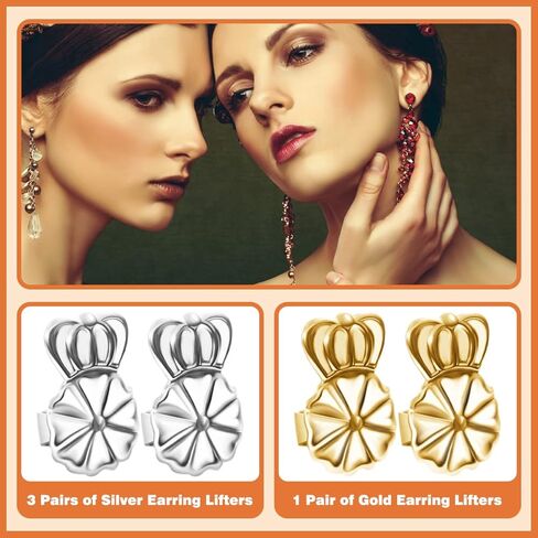 Earring Lifters Backs, 4 Pairs Secure Earring Backs for Droopy Ears, Hypoallergenic Adjustable Magic Earring Backs Tiara Earring Backs for Heavy Earring (3Silver, 1Gold) in Kuwait