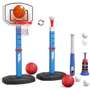 2 in 1 Kids Basketball Hoop and T Ball Set - Adjustable Height, Kids Baseball Tee with Automatic Pitching Machine, Indoor Outdoor Sport Toys Gifts for Toddler Boys Girls Age 1-5, Blue