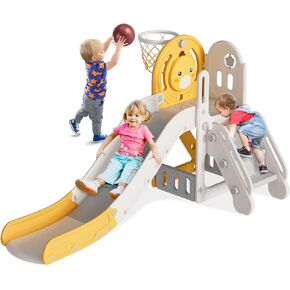 BIERUM 5 in 1 Toddler Slide, Slide for Toddlers Age 1-3 with Basketball Hoop and Ball, Slide for Kids, Indoor Outdoor Backyard Playground Cute Duck Theme Baby Slide Toy Yellow