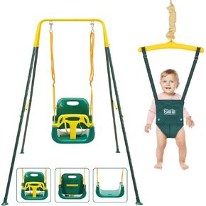 FUNLIO 2 in 1 Swing Set for Toddler & Baby Jumper, Heavy Duty Kids Swing & Bouncer with 4 Sandbags, Foldable Metal Stand for Indoor/Outdoor Play, Easy to Assemble and Store - Grey