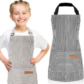 Jiuguva 2 Pack Kids Apron Adjustable Chef Apron Cotton Toddler Stripe Apron Cooking Aprons with 2 Pockets for Children Baking